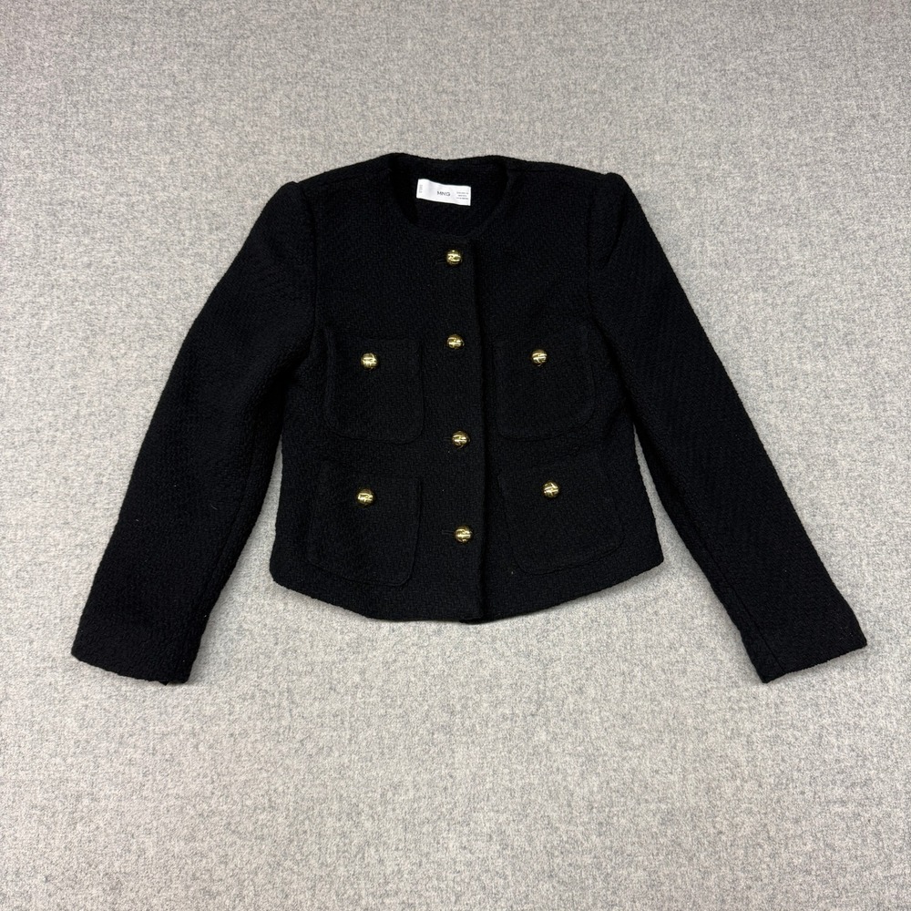 MNG MangoTweedJacket XS Black Gold Button Textured Pocket Lady Professional Coat